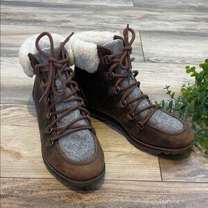 Sorel Harlow Lace Brown Leather Boots with Shearling Cuff Women’s Sz 8